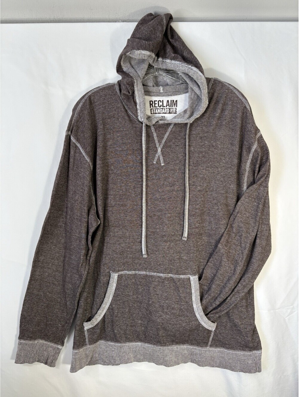 Reclaim Mens XL Thermal Hoodie Brown Waffle Knit Reverse Seam Pullover Grunge